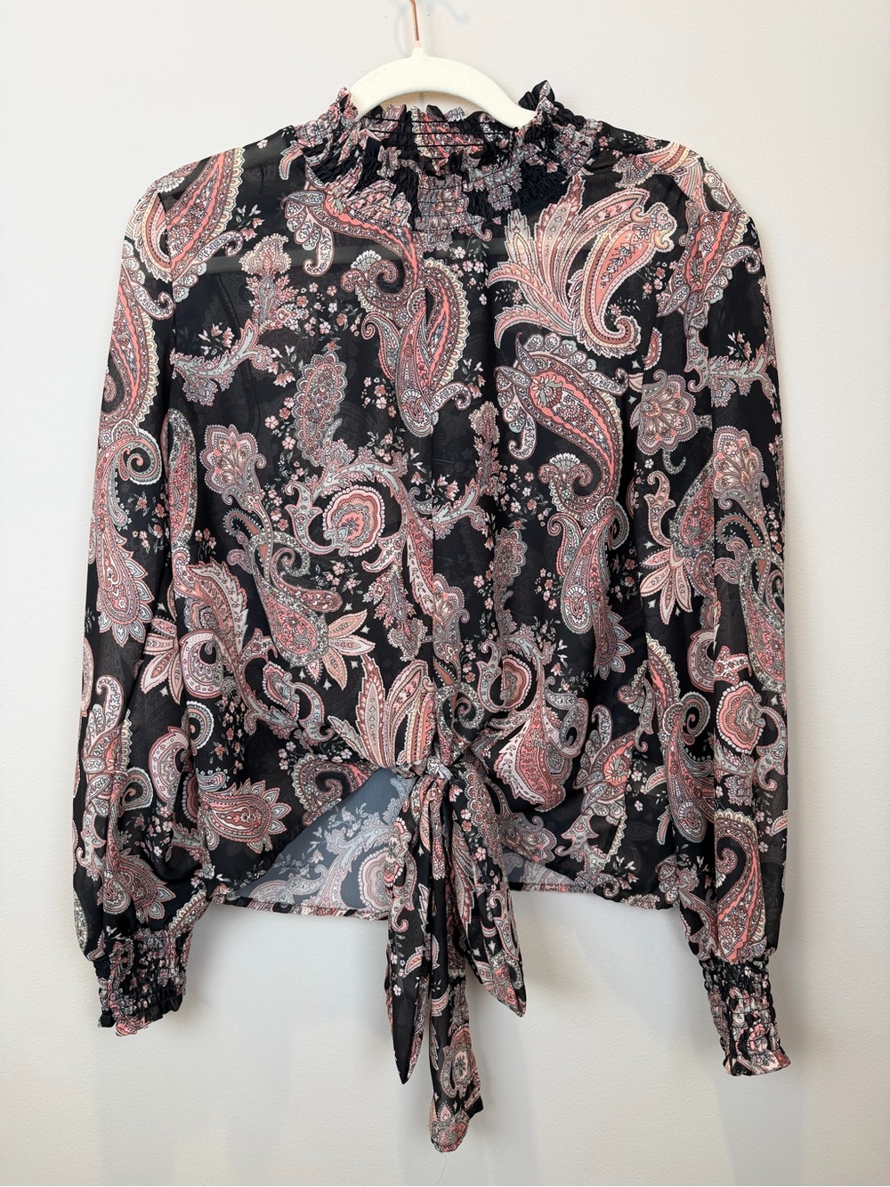Charmed Hearts Paisley Ruffle Blouse Size S Black Pink Tie Front Sheer